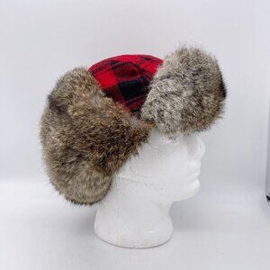 Frr Canada Trapper Aviator Hat Red Buffalo Check Rabbit Fur Unisex L/XL NWT
